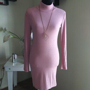 Pink Ribbed Turtleneck Long Sleeve Midi Dress – Bodycon Fit